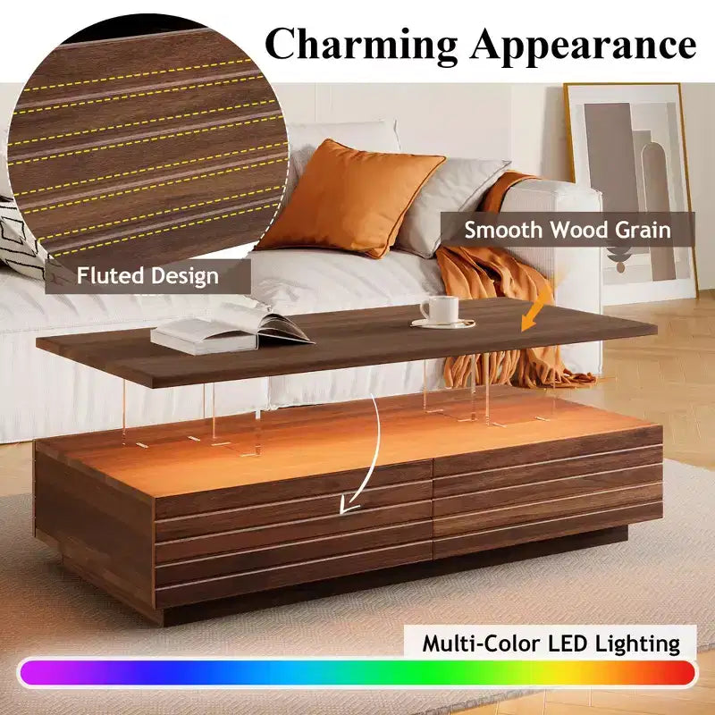 Table basse LED moderne de 119 cm avec 2 tiroirs cachés et contrôle tactile