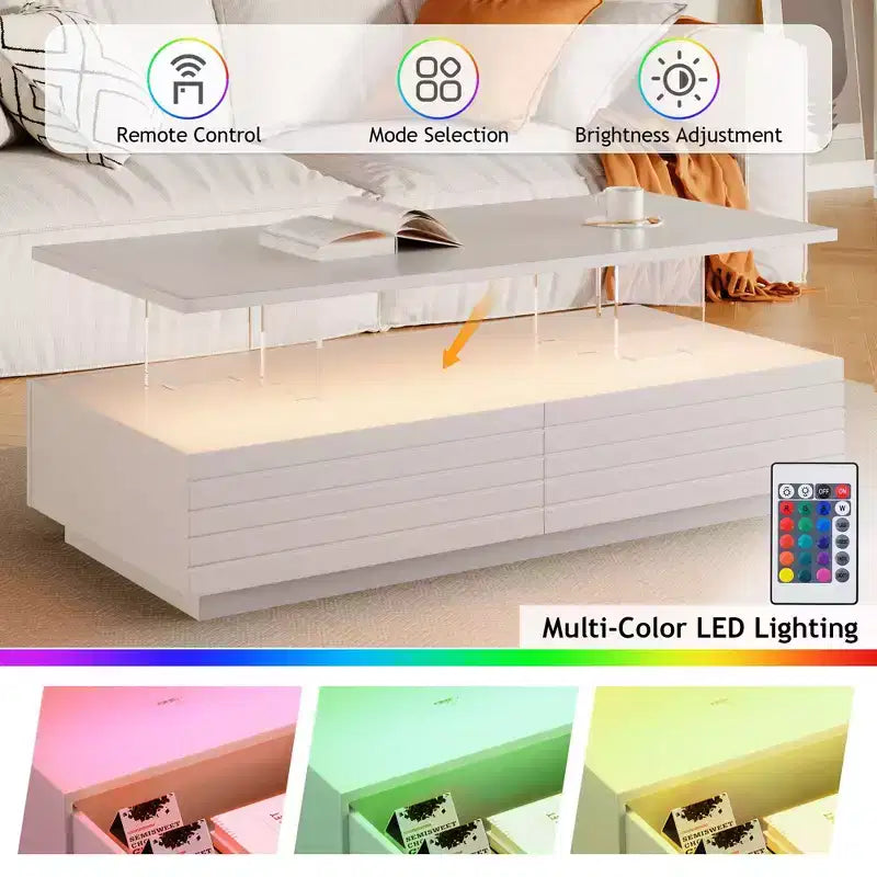 Table basse LED moderne de 119 cm avec 2 tiroirs cachés et contrôle tactile