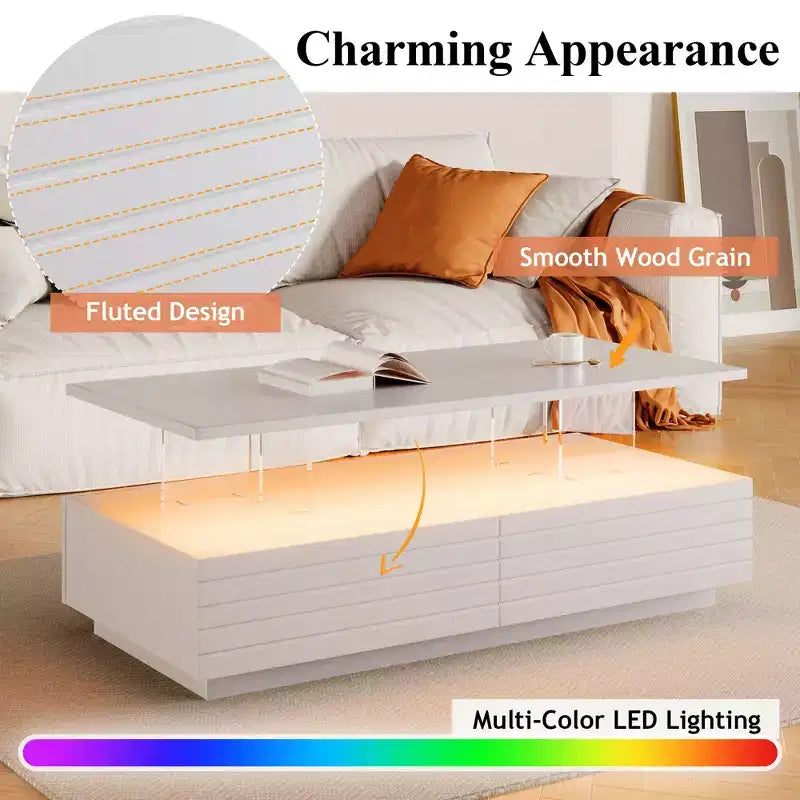 Table basse LED moderne de 119 cm avec 2 tiroirs cachés et contrôle tactile