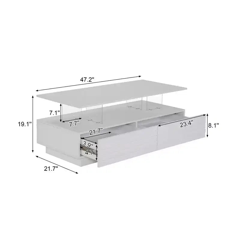 Table basse LED moderne de 119 cm avec 2 tiroirs cachés et contrôle tactile