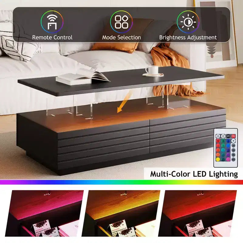 Table basse LED moderne de 119 cm avec 2 tiroirs cachés et contrôle tactile