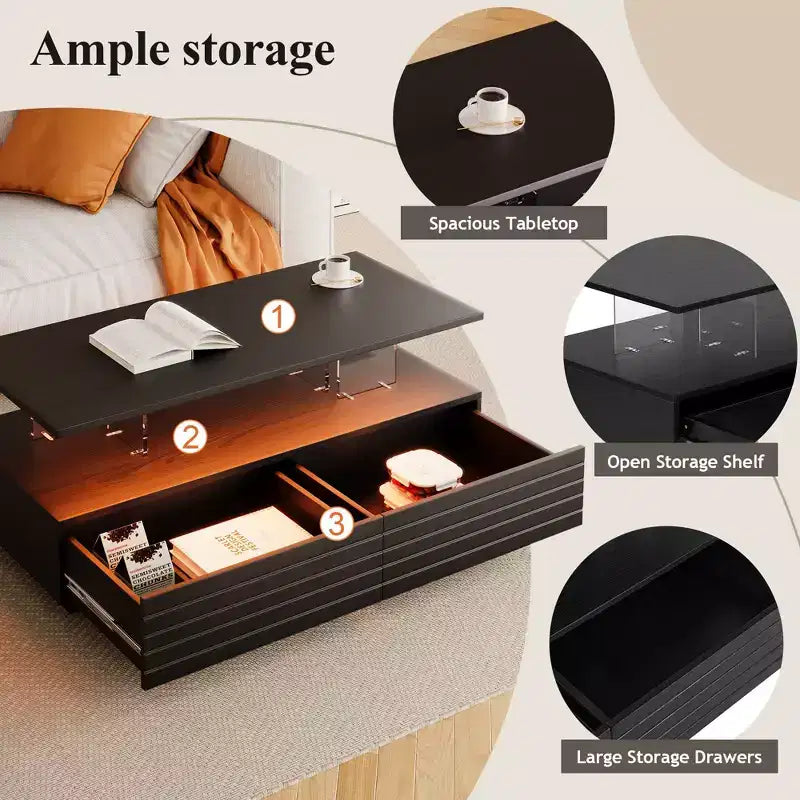 Table basse LED moderne de 119 cm avec 2 tiroirs cachés et contrôle tactile