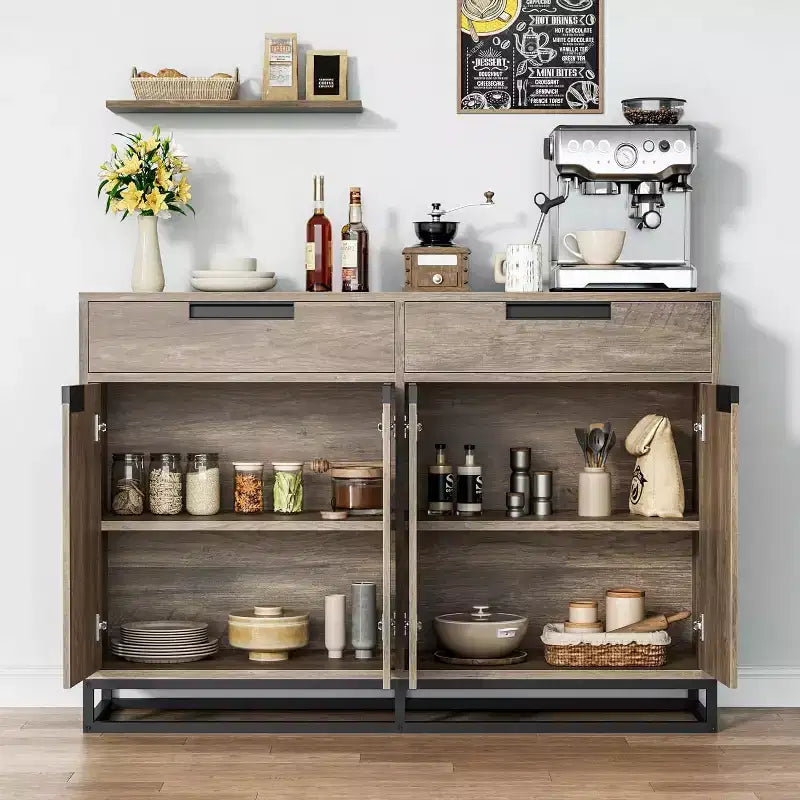 Buffet de cuisine, meuble de rangement moderne de 140 cm avec 2 tiroirs et 4 portes, table de bar à café pour cuisine, salle à manger