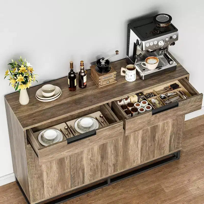 Buffet de cuisine, meuble de rangement moderne de 140 cm avec 2 tiroirs et 4 portes, table de bar à café pour cuisine, salle à manger