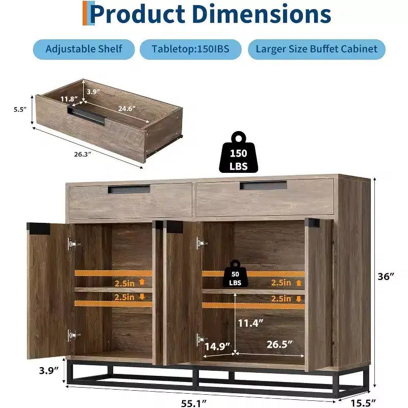 Buffet de cuisine, meuble de rangement moderne de 140 cm avec 2 tiroirs et 4 portes, table de bar à café pour cuisine, salle à manger