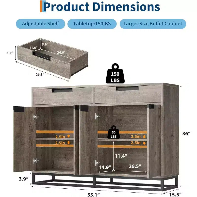Buffet de cuisine, meuble de rangement moderne de 140 cm avec 2 tiroirs et 4 portes, table de bar à café pour cuisine, salle à manger