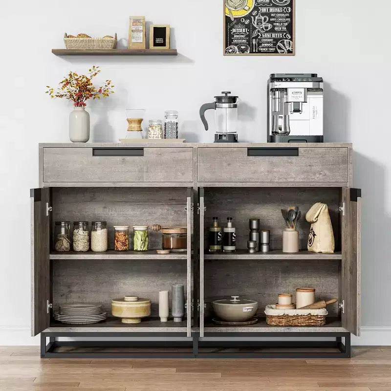 Buffet de cuisine, meuble de rangement moderne de 140 cm avec 2 tiroirs et 4 portes, table de bar à café pour cuisine, salle à manger