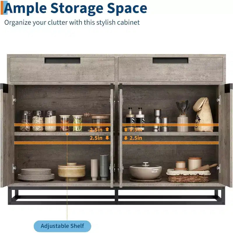 Buffet de cuisine, meuble de rangement moderne de 140 cm avec 2 tiroirs et 4 portes, table de bar à café pour cuisine, salle à manger