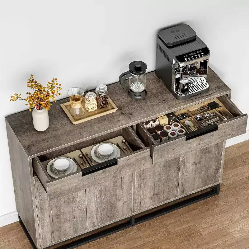 Buffet de cuisine, meuble de rangement moderne de 140 cm avec 2 tiroirs et 4 portes, table de bar à café pour cuisine, salle à manger