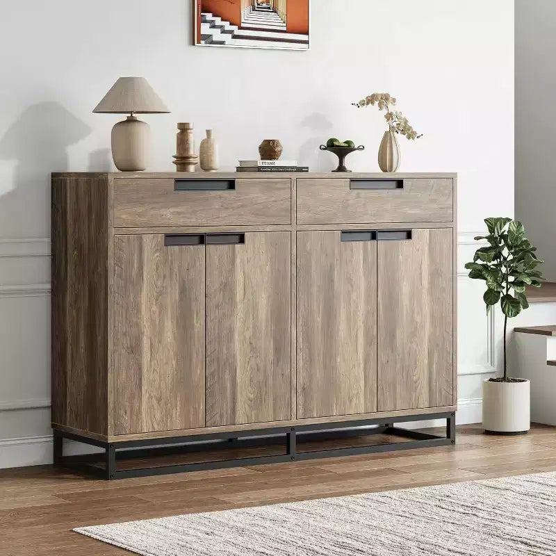 Buffet de cuisine, meuble de rangement moderne de 140 cm avec 2 tiroirs et 4 portes, table de bar à café pour cuisine, salle à manger