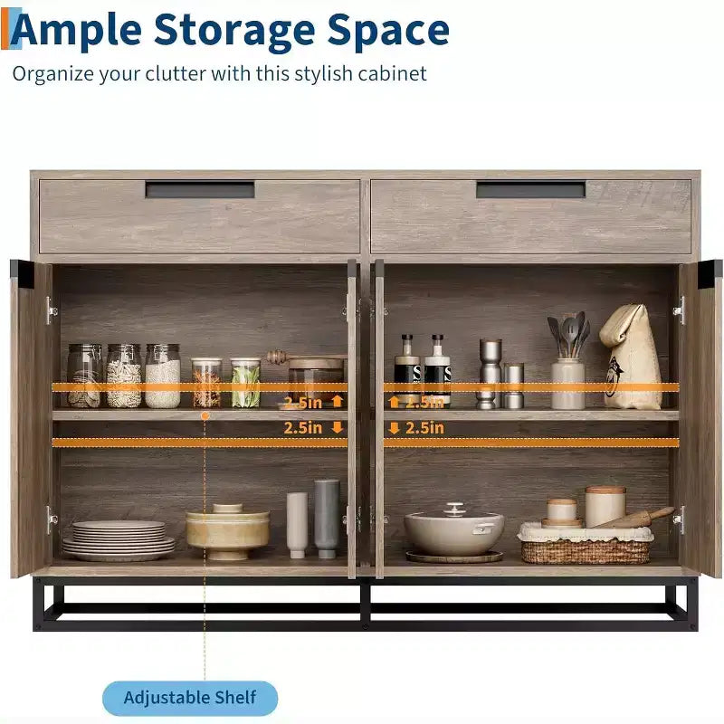 Buffet de cuisine, meuble de rangement moderne de 140 cm avec 2 tiroirs et 4 portes, table de bar à café pour cuisine, salle à manger
