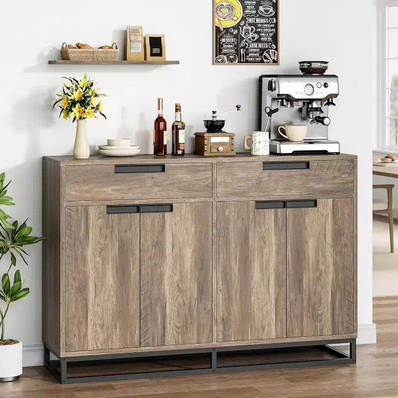Buffet de cuisine, meuble de rangement moderne de 140 cm avec 2 tiroirs et 4 portes, table de bar à café pour cuisine, salle à manger