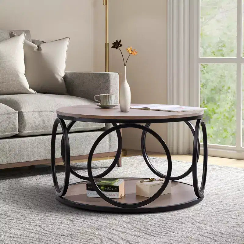 Table basse ronde industrielle à 2 niveaux avec cadre en métal – Noyer, 80 cm
