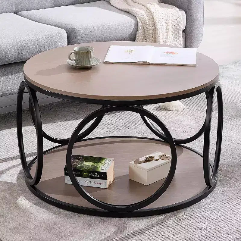 Table basse ronde industrielle à 2 niveaux avec cadre en métal – Noyer, 80 cm