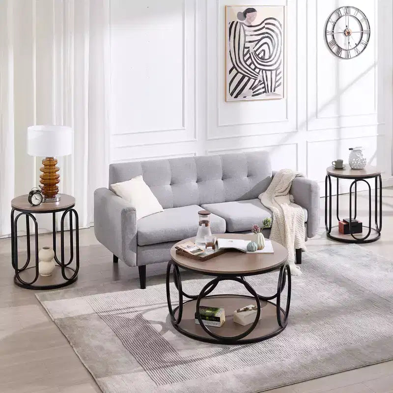 Table basse ronde industrielle à 2 niveaux avec cadre en métal – Noyer, 80 cm