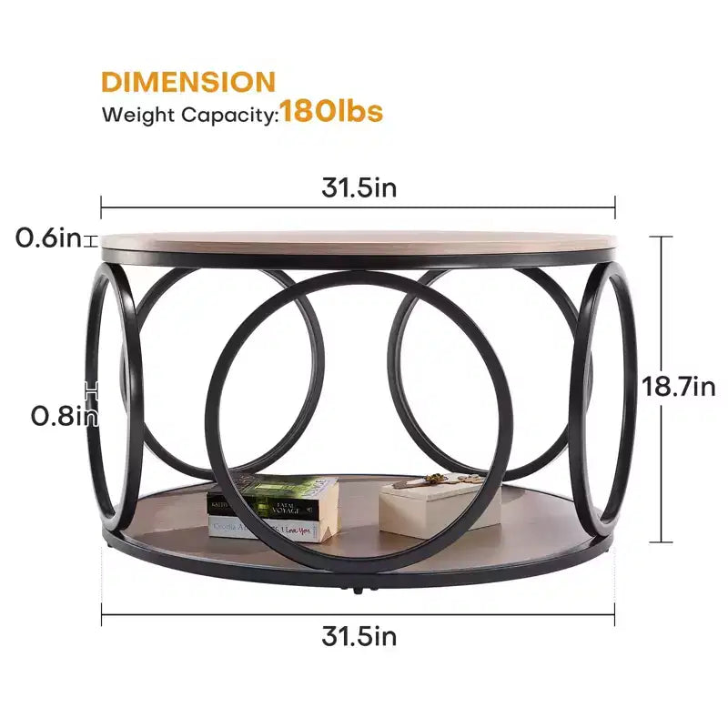 Table basse ronde industrielle à 2 niveaux avec cadre en métal – Noyer, 80 cm