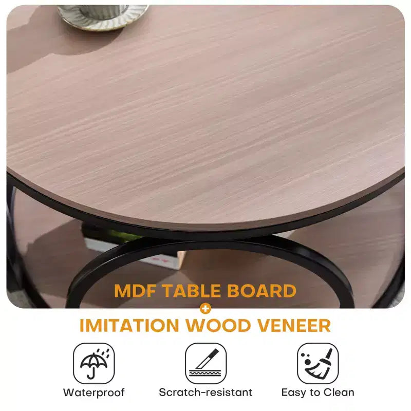 Table basse ronde industrielle à 2 niveaux avec cadre en métal – Noyer, 80 cm