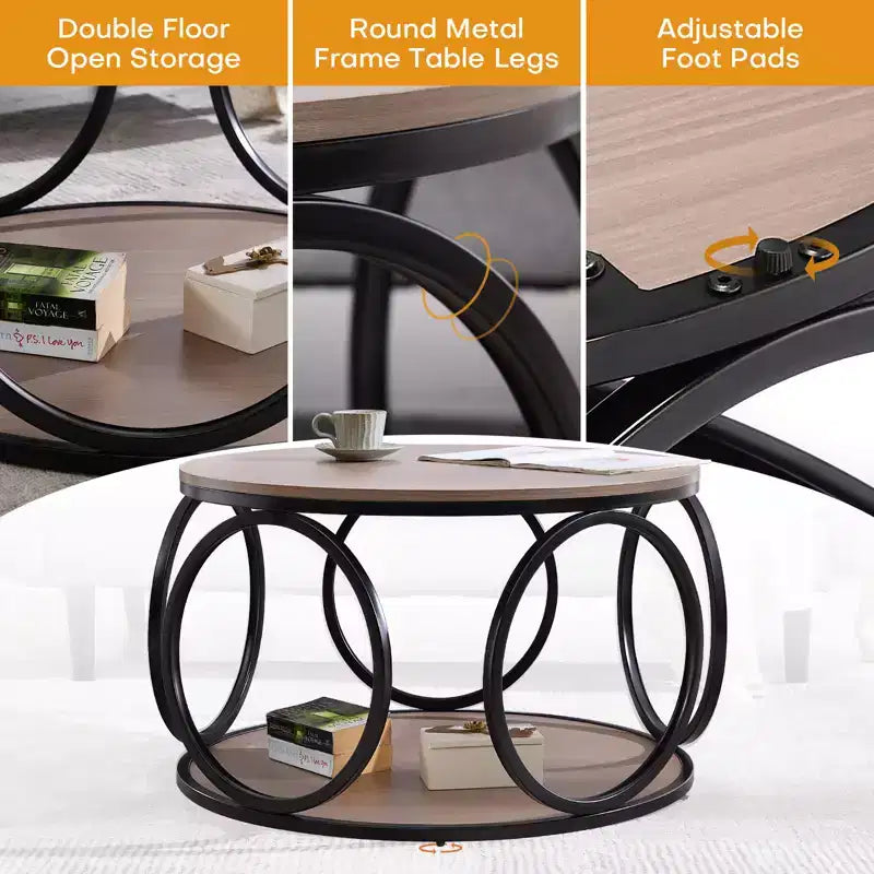 Table basse ronde industrielle à 2 niveaux avec cadre en métal – Noyer, 80 cm