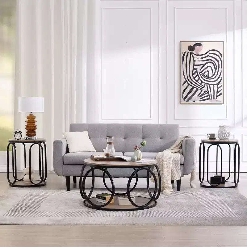 Table basse ronde industrielle à 2 niveaux avec cadre en métal – Noyer, 80 cm
