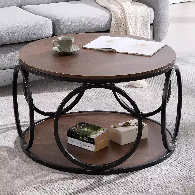 Table basse ronde industrielle à 2 niveaux avec cadre en métal – Noyer, 80 cm