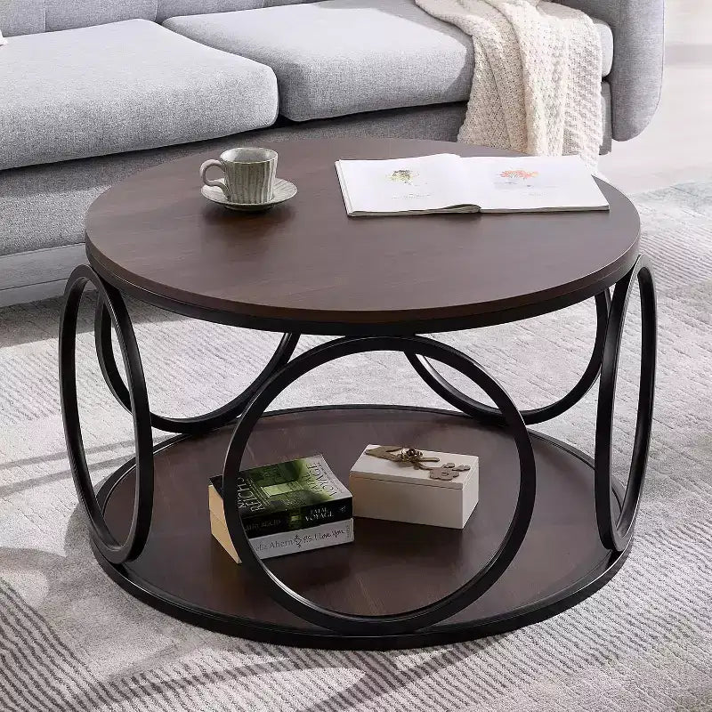 Table basse ronde industrielle à 2 niveaux avec cadre en métal – Noyer, 80 cm