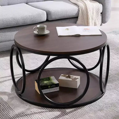 Table basse ronde industrielle à 2 niveaux avec cadre en métal – Noyer, 80 cm