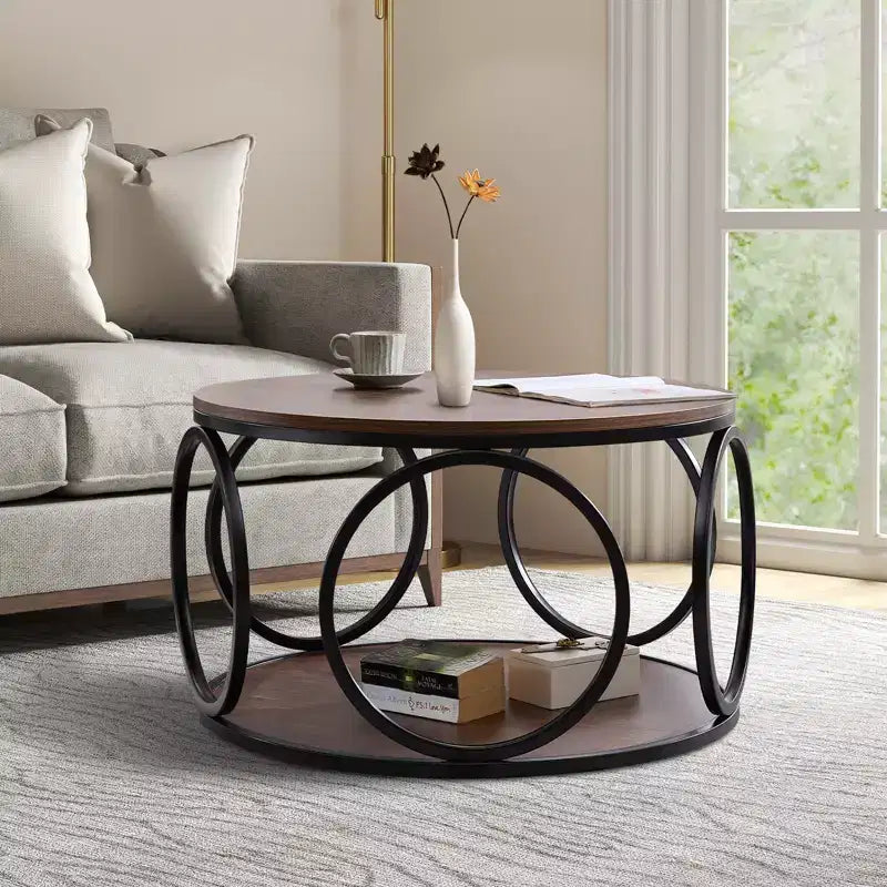 Table basse ronde industrielle à 2 niveaux avec cadre en métal – Noyer, 80 cm