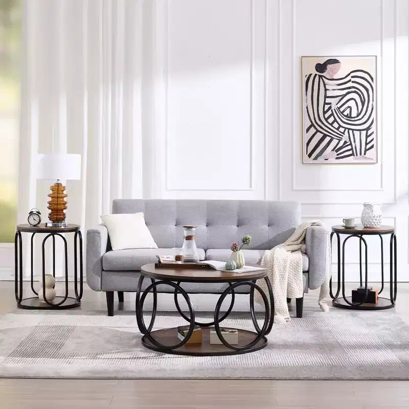 Table basse ronde industrielle à 2 niveaux avec cadre en métal – Noyer, 80 cm