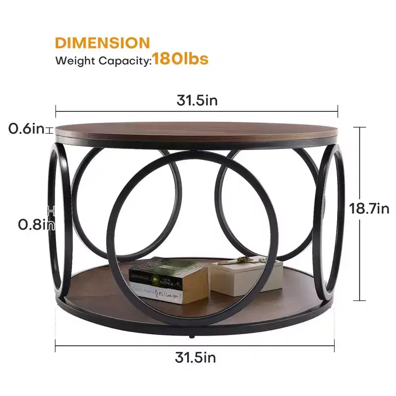 Table basse ronde industrielle à 2 niveaux avec cadre en métal – Noyer, 80 cm