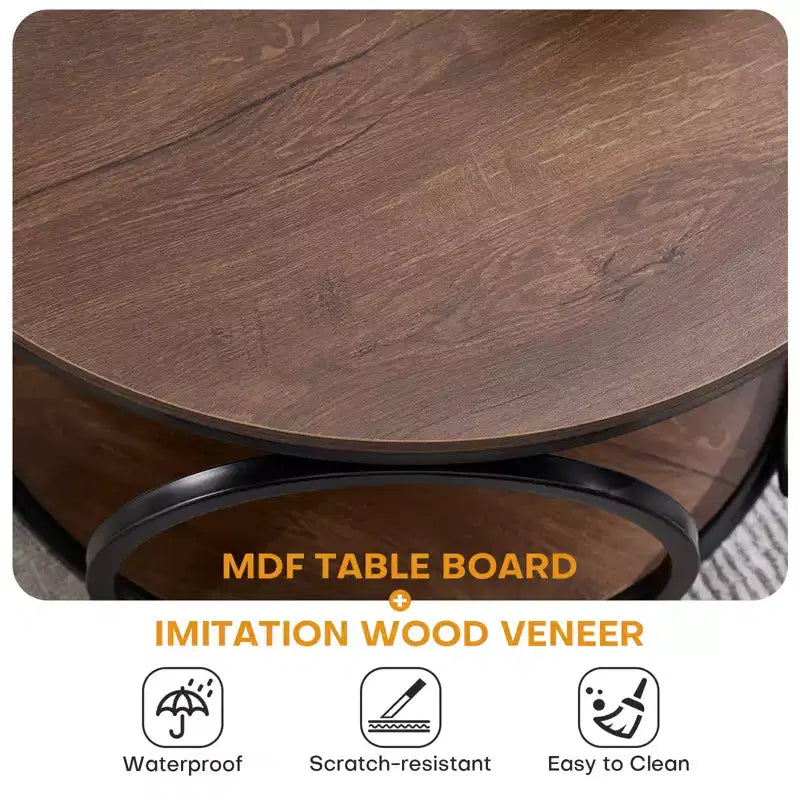 Table basse ronde industrielle à 2 niveaux avec cadre en métal – Noyer, 80 cm