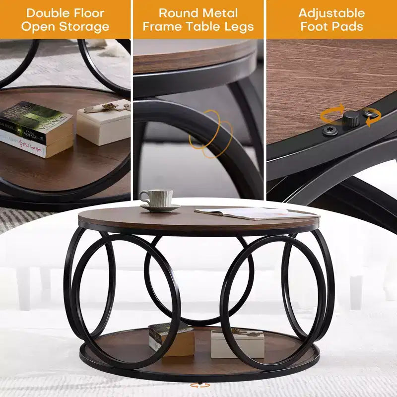 Table basse ronde industrielle à 2 niveaux avec cadre en métal – Noyer, 80 cm