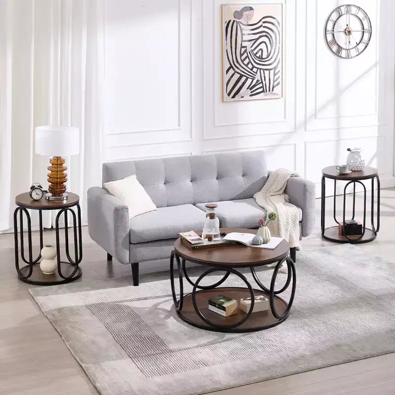Table basse ronde industrielle à 2 niveaux avec cadre en métal – Noyer, 80 cm