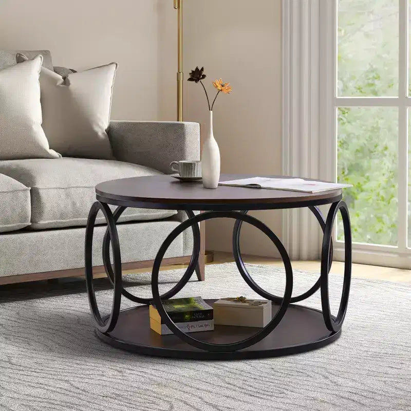 Table basse ronde industrielle à 2 niveaux avec cadre en métal – Noyer, 80 cm