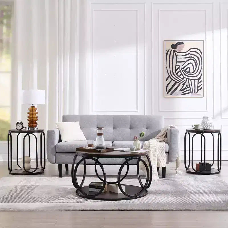 Table basse ronde industrielle à 2 niveaux avec cadre en métal – Noyer, 80 cm