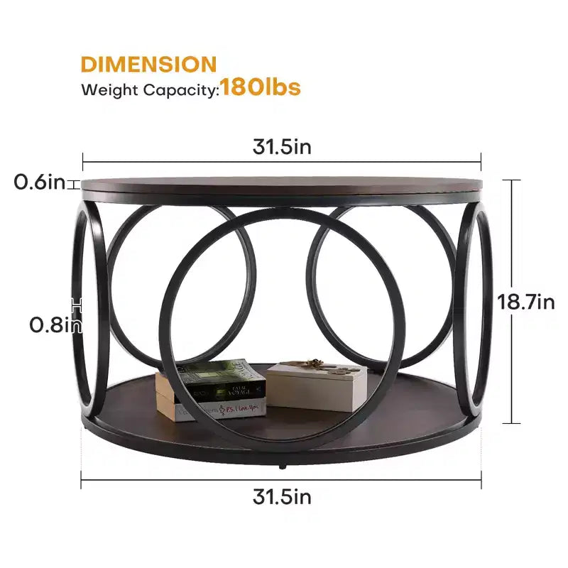 Table basse ronde industrielle à 2 niveaux avec cadre en métal – Noyer, 80 cm