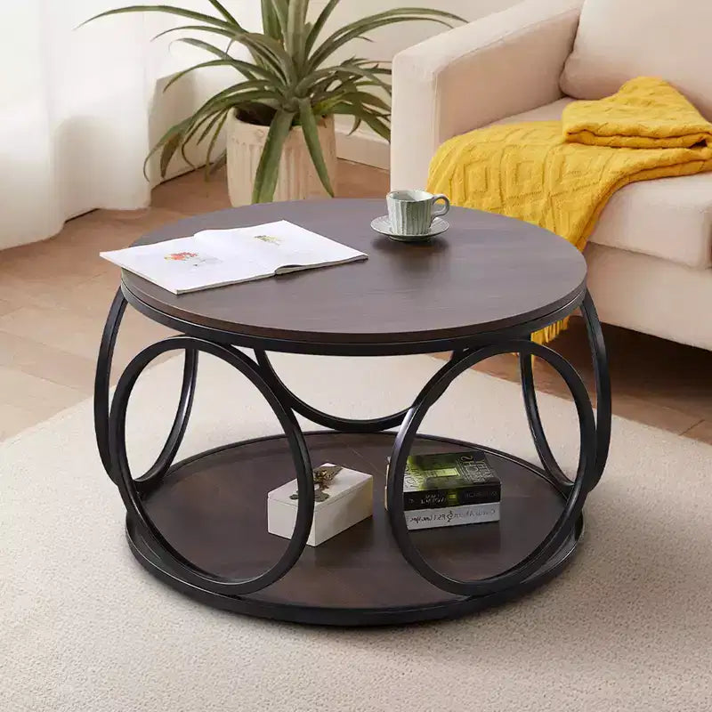 Table basse ronde industrielle à 2 niveaux avec cadre en métal – Noyer, 80 cm