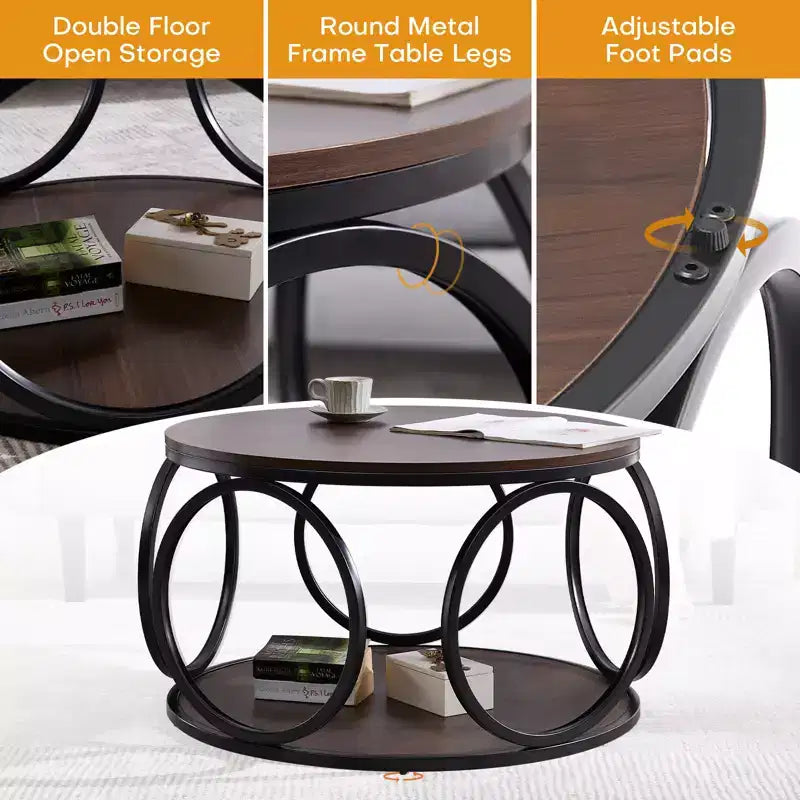 Table basse ronde industrielle à 2 niveaux avec cadre en métal – Noyer, 80 cm