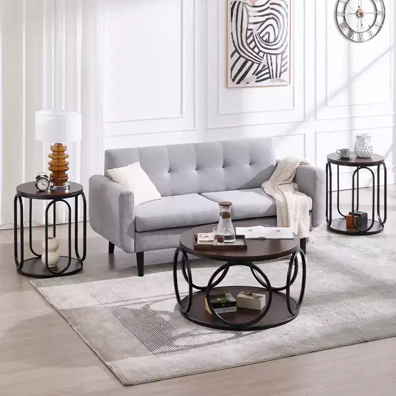 Table basse ronde industrielle à 2 niveaux avec cadre en métal – Noyer, 80 cm