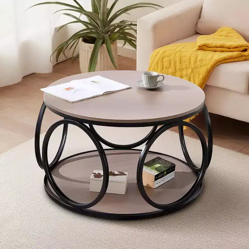 Table basse ronde industrielle à 2 niveaux avec cadre en métal – Noyer, 80 cm
