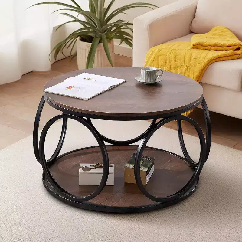 Table basse ronde industrielle à 2 niveaux avec cadre en métal – Noyer, 80 cm