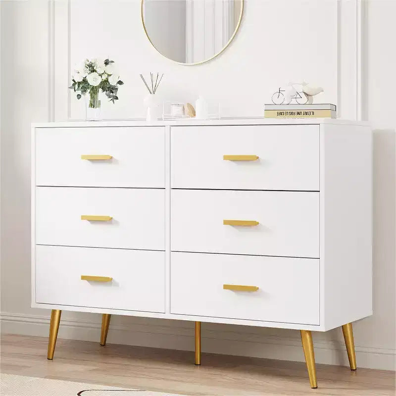 Commode à 6 tiroirs, commode moderne en bois avec poignées dorées et espace de rangement, chiffonnier pour chambre à coucher, couloir, salon et entrée