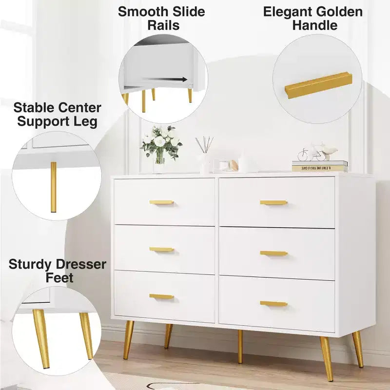 Commode à 6 tiroirs, commode moderne en bois avec poignées dorées et espace de rangement, chiffonnier pour chambre à coucher, couloir, salon et entrée