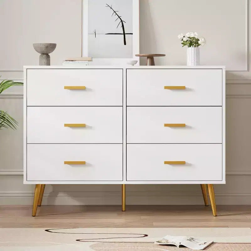 Commode à 6 tiroirs, commode moderne en bois avec poignées dorées et espace de rangement, chiffonnier pour chambre à coucher, couloir, salon et entrée