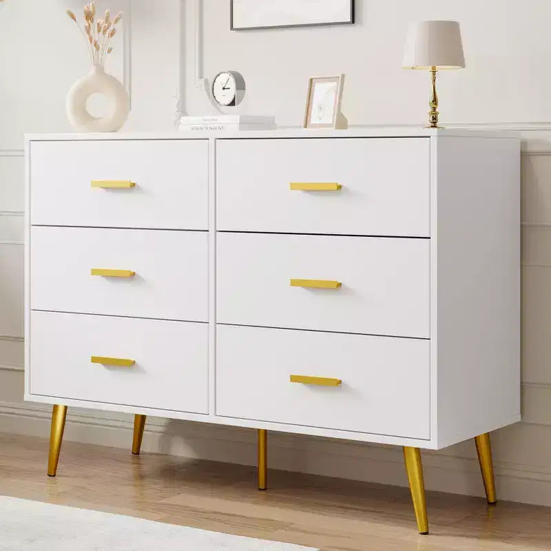 Commode à 6 tiroirs, commode moderne en bois avec poignées dorées et espace de rangement, chiffonnier pour chambre à coucher, couloir, salon et entrée