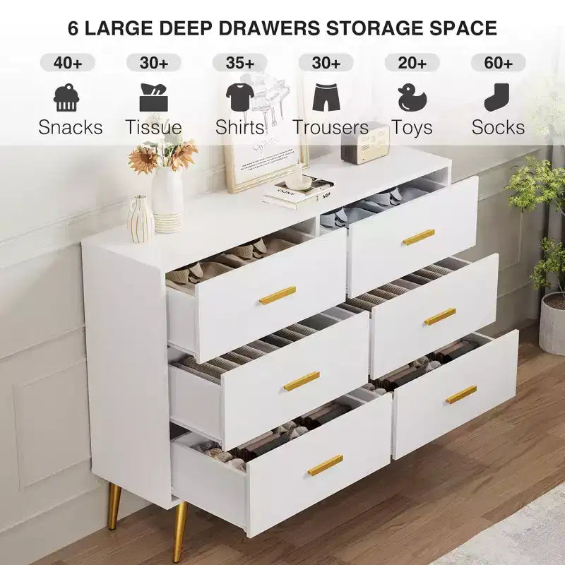 Commode à 6 tiroirs, commode moderne en bois avec poignées dorées et espace de rangement, chiffonnier pour chambre à coucher, couloir, salon et entrée