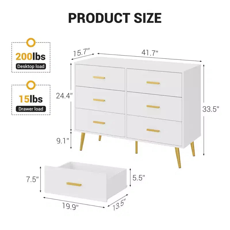 Commode à 6 tiroirs, commode moderne en bois avec poignées dorées et espace de rangement, chiffonnier pour chambre à coucher, couloir, salon et entrée