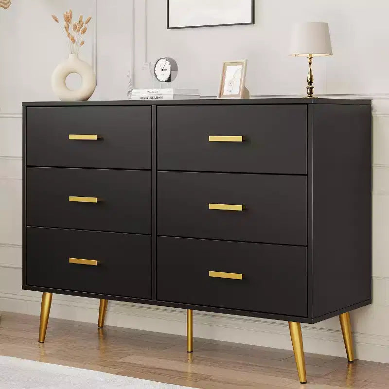 Commode à 6 tiroirs, commode moderne en bois avec poignées dorées et espace de rangement, chiffonnier pour chambre à coucher, couloir, salon et entrée