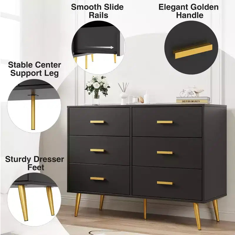 Commode à 6 tiroirs, commode moderne en bois avec poignées dorées et espace de rangement, chiffonnier pour chambre à coucher, couloir, salon et entrée