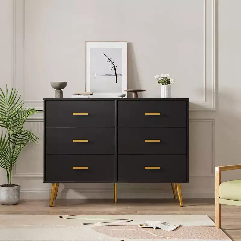 Commode à 6 tiroirs, commode moderne en bois avec poignées dorées et espace de rangement, chiffonnier pour chambre à coucher, couloir, salon et entrée