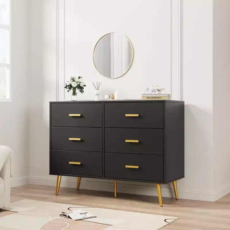 Commode à 6 tiroirs, commode moderne en bois avec poignées dorées et espace de rangement, chiffonnier pour chambre à coucher, couloir, salon et entrée